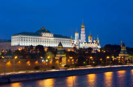 Moscow, Kremlin fortress with palace and cathedrals at night on bank of Moscow-river.のeditorial素材