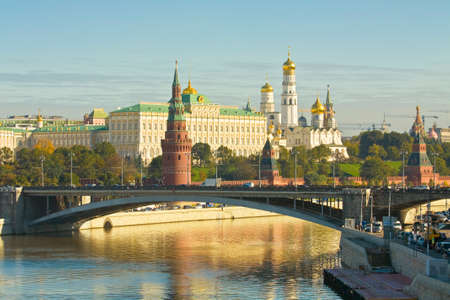 Moscow, Russia - September 27, 2013: Kremlin fortress with palace and cathedrals and Big Stone bridge on Moscow-river in Moscow, Russia.のeditorial素材