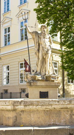 LVOV, UKRAINE - MAY 11  fountain Neptune on Market square on May 11, 2013 in town Lvov, Ukraine, has been erected in 1793  Historical centre of Lvov is UNESCO World Heritage Site のeditorial素材