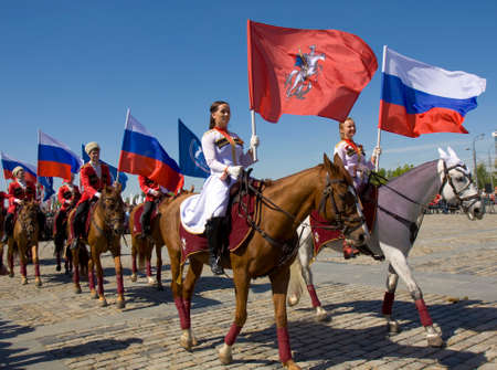 MOSCOW - MAY 9, 2014  cavalry show in historical memorial  Poklonnaya hill devoted to holiday Victory day of victory in Second World War, with participation of President cavalry regiment and Kremlin cavalry school のeditorial素材