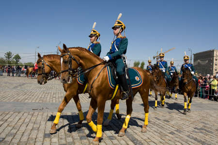 MOSCOW - MAY 9, 2014  cavalry show in memorial  Poklonnaya hill devoted to holiday Victory day of victory in Second World War, participants President cavalry regiment and Kremlin cavalry school のeditorial素材