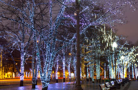 MOSCOW - DECEMBER 30, 2012  trees on Pushkinskaya square illuminated for Christmas and New Year...