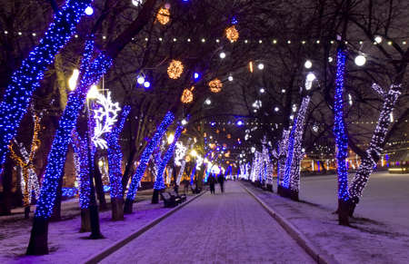 MOSCOW - JANUARY 03, 2014  Chistiye prudi boulevard illuminated to Christmas and New Year holidays のeditorial素材