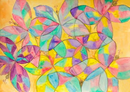 Hand painted picture, watercolours, background of multicoloured buterflies.の写真素材