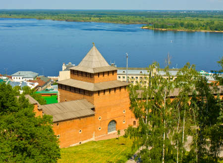 John's tower of Kremlin fortress and river Volga in Nizhniy Novgorod Russia.のeditorial素材
