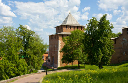 Tower of middle ages Kremlin fortress in town Nizhniy Novgorod Russia.のeditorial素材