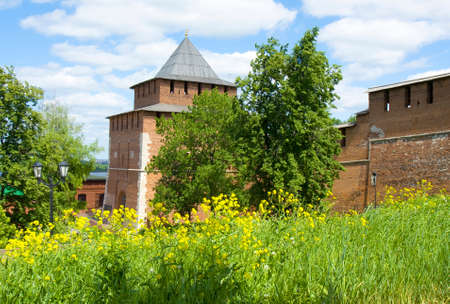 Tower of middle ages fortress Kremlin in town Nizhniy Novgorod Russiaのeditorial素材