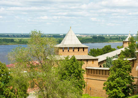 Tower of middle ages fortress Kremlin in town Nizhniy Novgorod in Russia.のeditorial素材