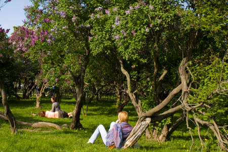 MOSCOW - MAY 16, 2014: people resting in park Lilac garden, garden has been opened in 1954 and has many unique sorts of lilac, selected for this garden and sold all over the world.のeditorial素材