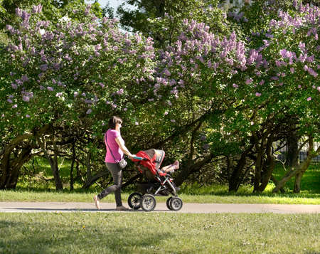 MOSCOW - MAY 16, 2014: people resting in park Lilac garden, garden has been opened in 1954 and has many unique sorts of lilac, selected for this garden and sold all over the world.のeditorial素材