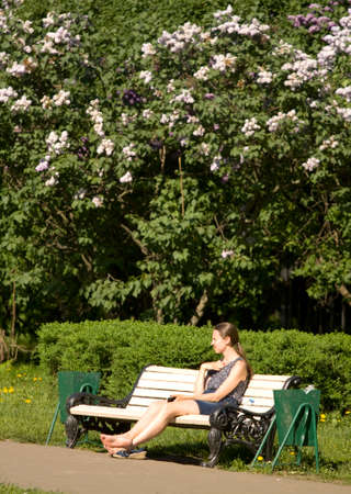 MOSCOW - MAY 16, 2014: people resting in park Lilac garden, garden has been opened in 1954 and has many unique sorts of lilac, selected for this garden and sold all over the world.のeditorial素材