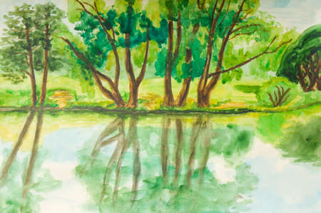 Hand painted picture, watercolours, summer landscape with trees on bank of lake in park. Size of original 37 x 24,5 sm.の写真素材