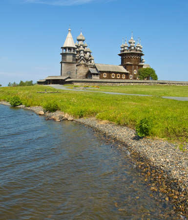 Old wooden churches on island Kizhi on Onega Onezhskoye lake in region Karelia on North of Russia, UNESCO World Heritage site.のeditorial素材