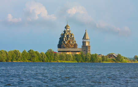 Old wooden churches on island Kizhi on Onega Onezhskoye lake in region Karelia on North of Russia, UNESCO World Heritage site.のeditorial素材