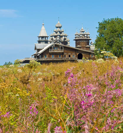 Old wooden churches on island Kizhi on Onega Onezhskoye lake in region Karelia on North of Russia,...
