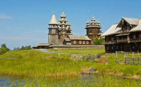Old wooden churches on island Kizhi on Onega Onezhskoye lake in region Karelia on North of Russia, UNESCO World Heritage site.のeditorial素材