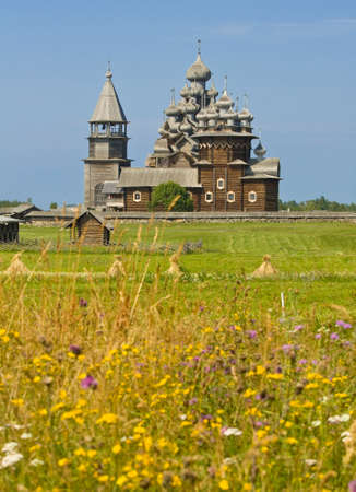Old wooden churches on island Kizhi on Onega Onezhskoye lake in region Karelia on North of Russia, UNESCO World Heritage site.のeditorial素材