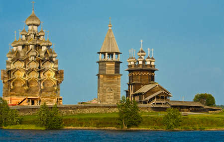 Old wooden churches on island Kizhi on Onega Onezhskoye lake in region Karelia on North of Russia, UNESCO World Heritage site.のeditorial素材