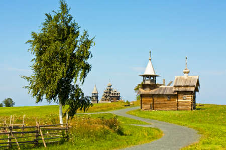 Old wooden churches on island Kizhi on Onega Onezhskoye lake in region Karelia on North of Russia, UNESCO World Heritage site.のeditorial素材