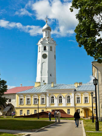GREAT NOVGOROD, RUSSIA - JUNE 18: Clock and bell tower inside Kremlin fortress on June 18, 2013 in Great Novgorod, Russia, has been built in 1443.のeditorial素材
