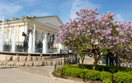MOSCOW - MAY 15, 2014: fountains and exhibition hall "Manezh" in Alexandrovskiy garden on Manezhnaya square.のeditorial素材