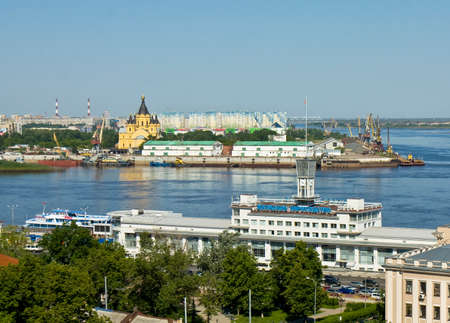 NIZHNI NOVGOROD - JUNE 03: River port on Volga and cathedral of Alexander Nevskiy on June 03, 2013 in Nizhni Novgorod, Russia, River port has been built in 1967.のeditorial素材