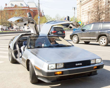 MOSCOW - APRIL 27, 2014: English retro car Delorean of 1981 year on rally of classical cars, organized by Russian Club of Classical Autocars on Theatre square.のeditorial素材
