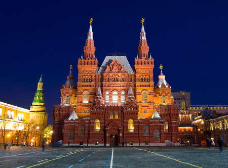 MOSCOW - DECEMBER 27, 2013: Historical museum on Red square at night,  landmark of architecture, built in 1883.のeditorial素材