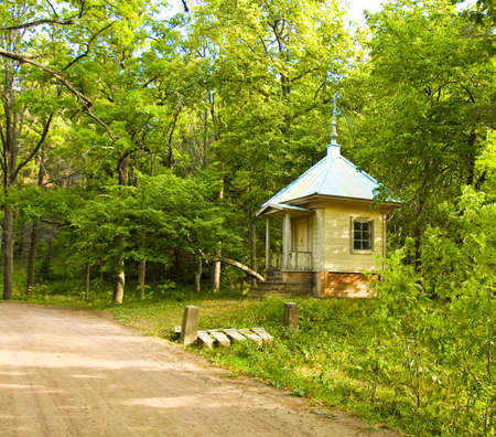 Little wooden chapel in forest on island Valaam on Ladoga lake on North of Russia.の写真素材