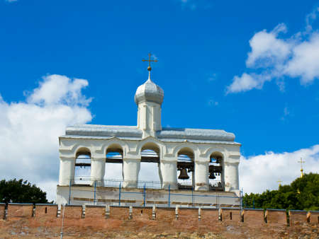 Bell tower of orthodox Saint Sophia cathedral in town Great Novgorod, Russia.の写真素材