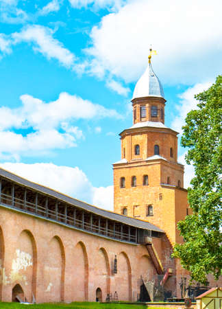 Tower of middle ages Kremlin fortress in town Great Novgorod, Russia.のeditorial素材