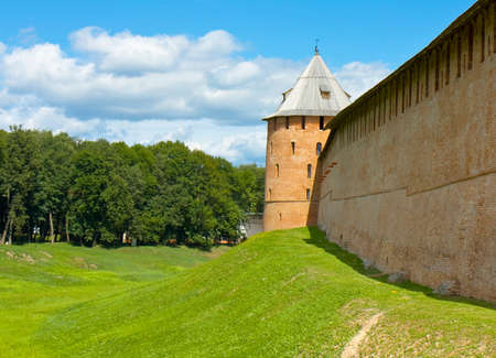 Tower of middle ages fortress Kremlin in town Great Novgorod in Russia.のeditorial素材