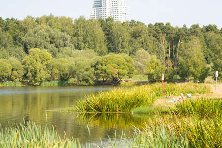 MOSCOW - AUGUST 20, 2014: people rest in park Pokrovskoye-Streshnevo, other name Pokrovskoye-Glebovo, founded in 1979 year.のeditorial素材