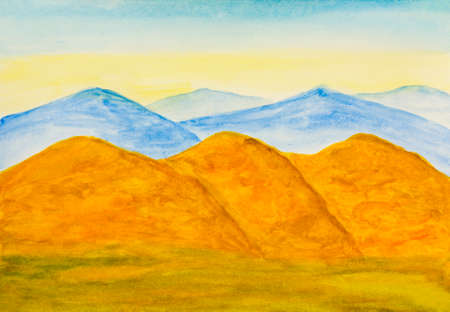 Watercolor painting, landscape with yellow and blue hills in autumn.の写真素材