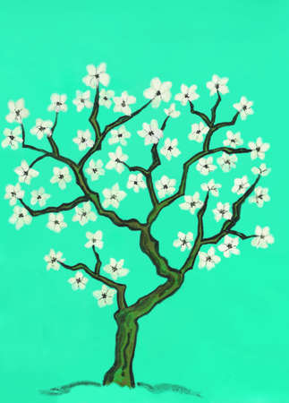 Hand painted picture, spring tree in blossom with white flowers, in traditions of old Chinese painting, gouache on light green backgroundの写真素材
