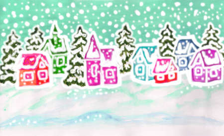 Hand painted picture to Christmas and New Year holidays, watercolours and gouache, winter landscape with fir trees and houses of different colours.の写真素材