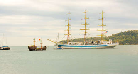 VARNA, BULGARIA - OCTOBER 4, 2016: Black Sea Tall Ships Regatta, sailing ships from different countries on international regatta, Russian ship "Mir" ("Peace").のeditorial素材