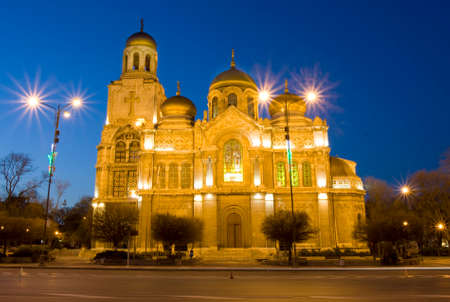 Orthodox cathedral of Assumption of the Virgin Mary in Varna, Bulgaria at night.の写真素材