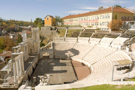 Ruins of ancient theater in town Plovdiv, Bulgariaの写真素材