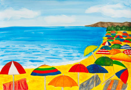 Many beach umbrellas on sea beach, illustration painting watercolor.の写真素材