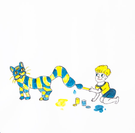 Child painting cat in colours of Ukraineの写真素材