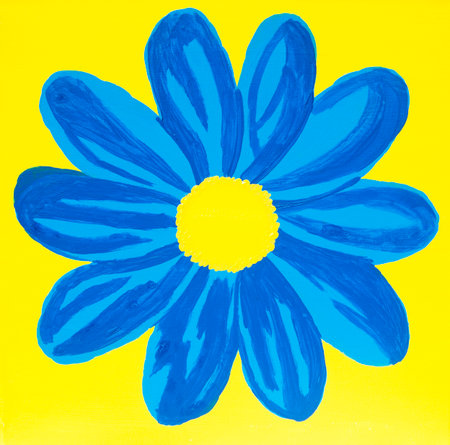 Blue flower on yellow background 2 paintingの写真素材