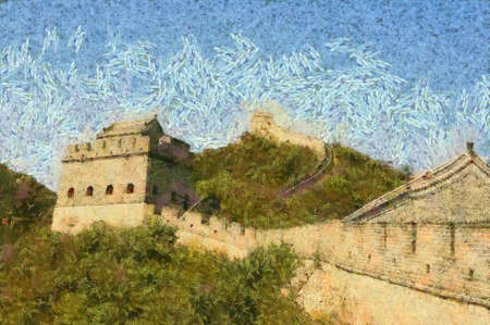 TheÂ Great Wall of ChinaÂ digital painting inÂ Oscar-Claude MonetÂ style. Great Wall of ChinaÂ is a long fortifications built across northern Chinese border statesÂ as a protection against enemy.の写真素材