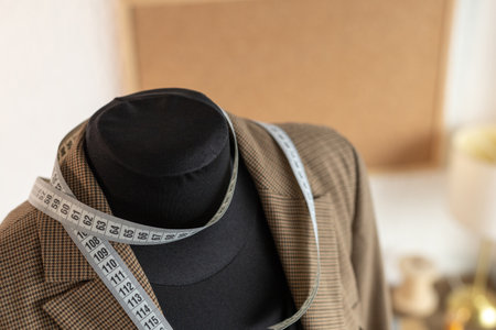 Suit jacket on tailor mannequin and sewing tools. Concept of clothes atelier workplaceの写真素材