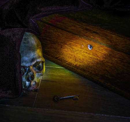 Lockable wooden (oak) trunk. The treasure and the guard.の写真素材