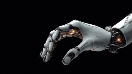 Robot hand on black background. 3D rendering. Virtual realityの素材