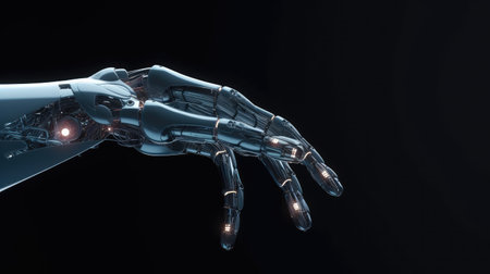 Robot hand on black background. 3D rendering. Futuristic robot.の素材