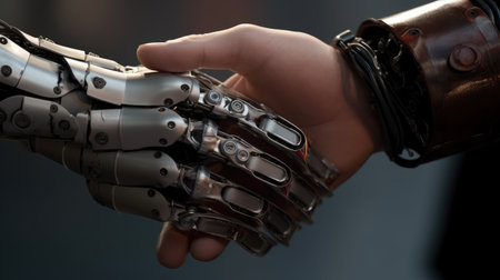 Closeup of robot hand holding human arm. 3d rendering.の素材