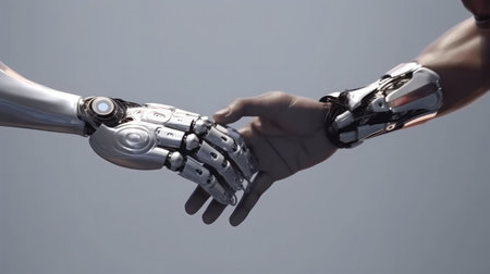 Robot hand touching human arm on grey background. Artificial intelligence concept. 3D Renderingの素材