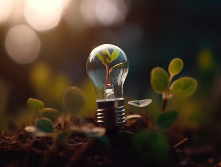 Light bulb with plant growing out of the ground. Ecology concept.の素材